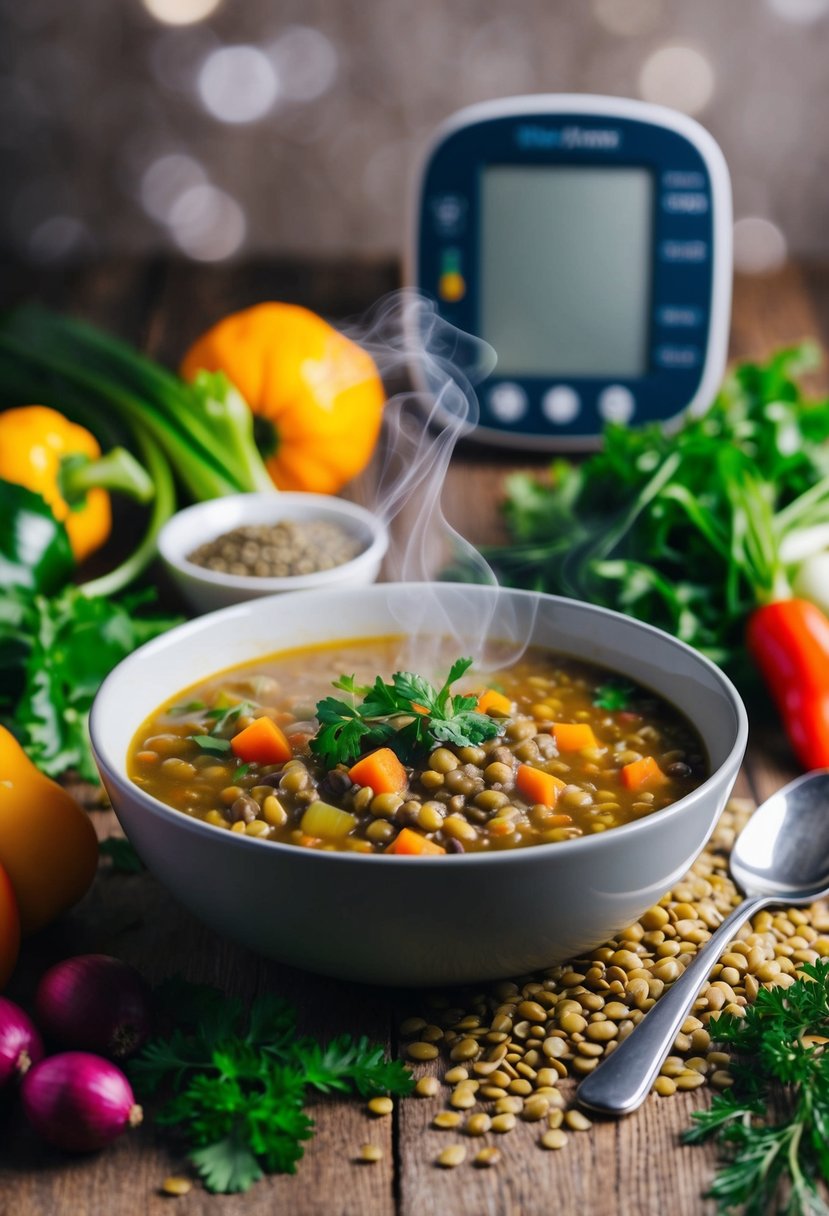 A steaming bowl of lentil soup surrounded by fresh ingredients like lentils, vegetables, and herbs, with a blood sugar monitor in the background