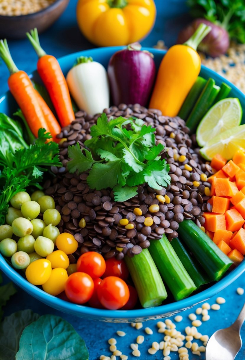 A colorful array of fresh vegetables, lentils, and grains arranged in a vibrant bowl, evoking the flavors and colors of the Mediterranean