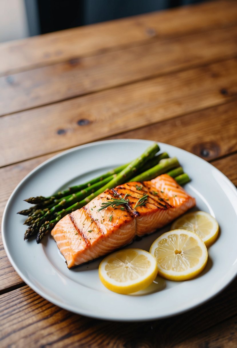 A plate with grilled salmon, asparagus, and lemon slices on a wooden table