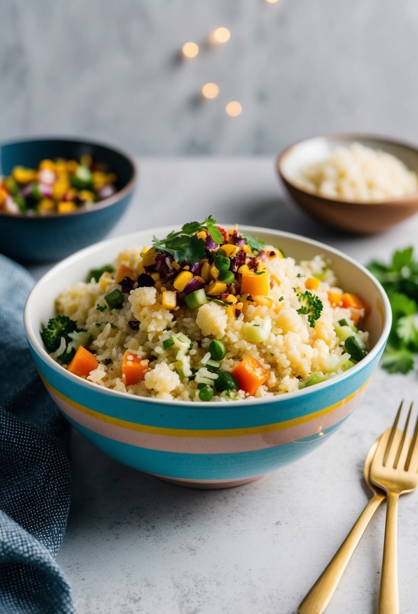 A colorful bowl filled with cauliflower rice, mixed vegetables, and a variety of toppings, set against a neutral background