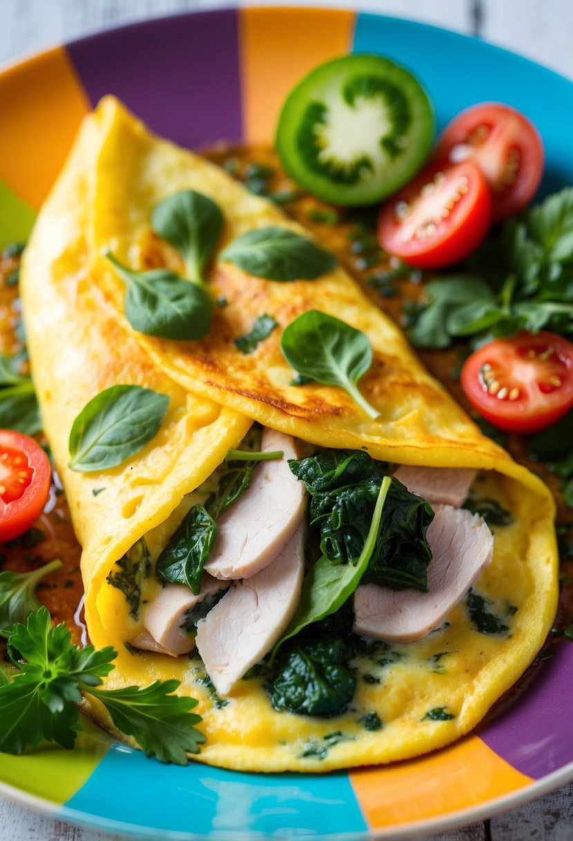 A sizzling omelette filled with turkey and spinach, surrounded by fresh ingredients like tomatoes and herbs, sits on a colorful plate