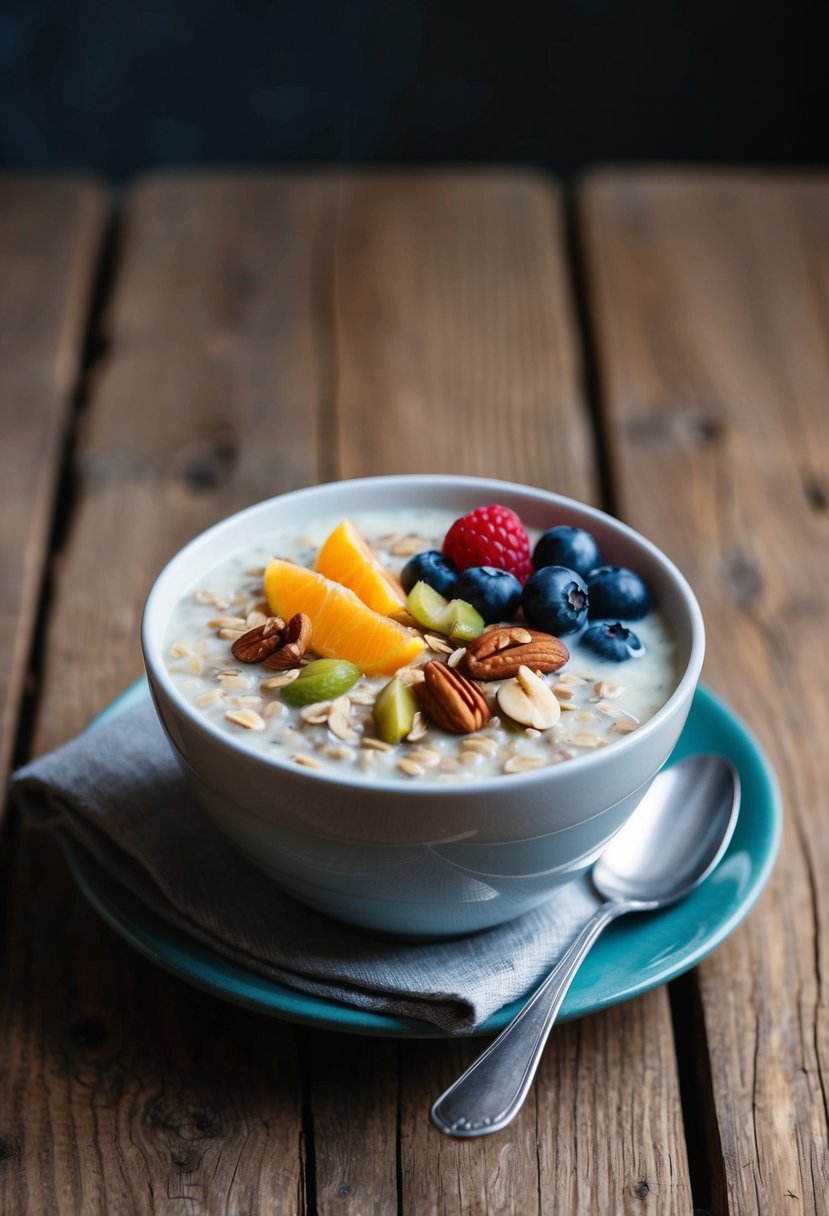 A bowl of overnight oats with almond milk, topped with fresh fruit and nuts, sits on a rustic wooden table