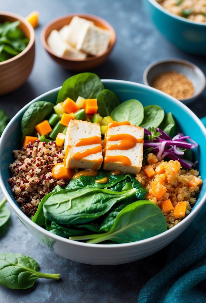 A colorful bowl filled with vibrant spinach, tofu, quinoa, and assorted vegetables, topped with a drizzle of savory sauce