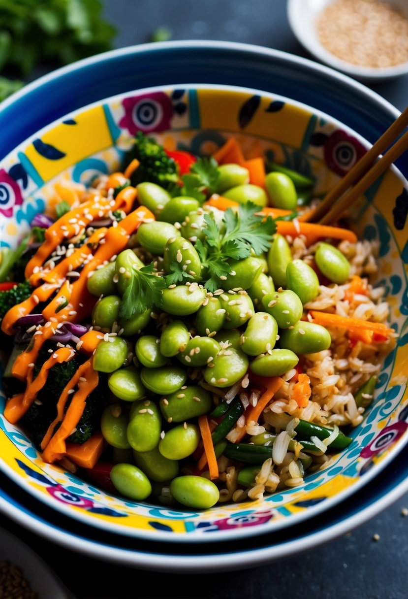 A colorful bowl filled with edamame, mixed vegetables, and grains, garnished with sesame seeds and drizzled with a savory Asian-inspired sauce