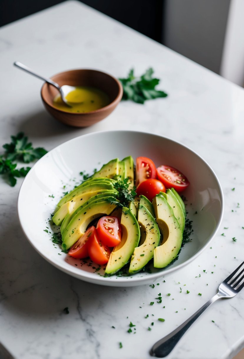 A bowl of sliced avocado and tomato arranged in a colorful pattern on a white plate, with a sprinkling of herbs and a drizzle of vinaigrette