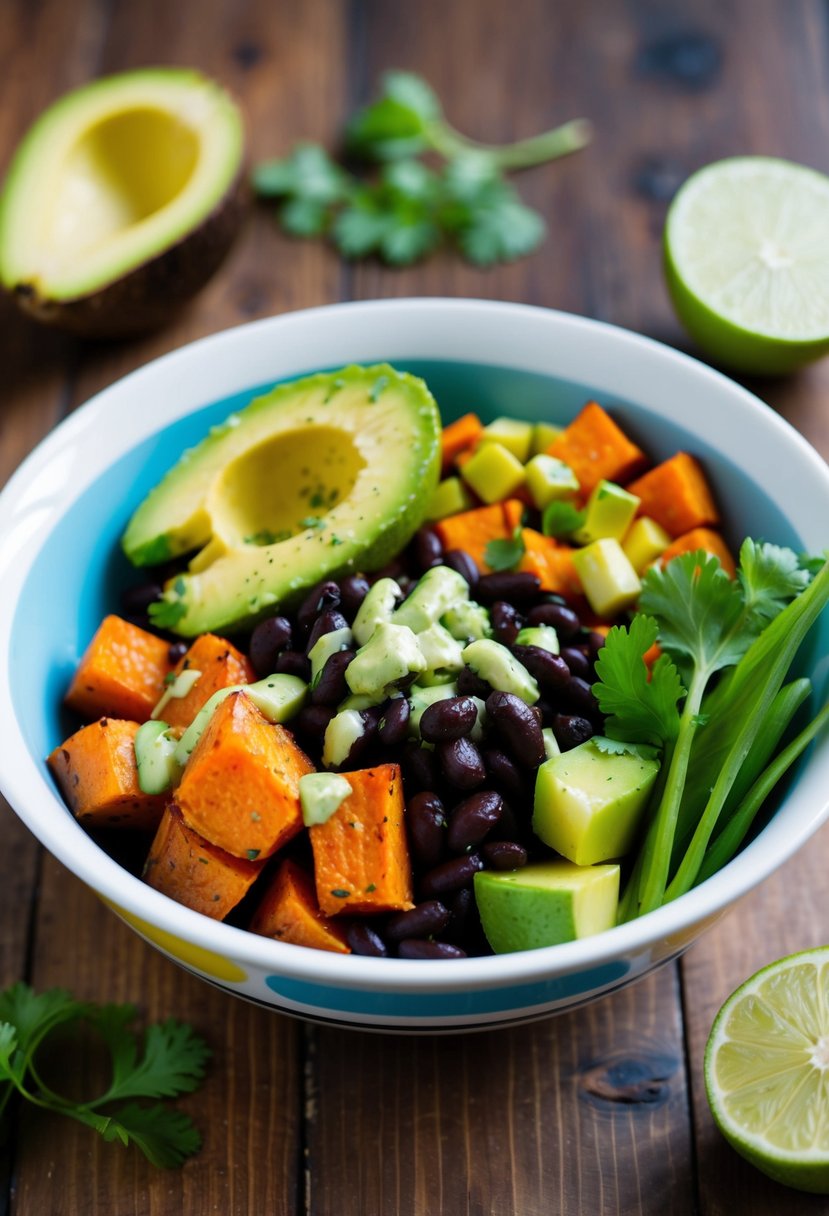 A colorful bowl filled with roasted sweet potatoes, black beans, avocado, and fresh vegetables, drizzled with a tangy lime vinaigrette