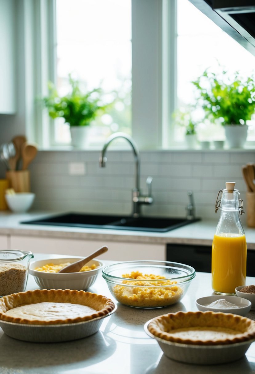 A kitchen counter with ingredients and utensils for making shortcrust pie