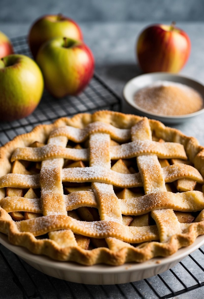 A golden-brown apple shortcrust pie cooling on a wire rack, with a lattice top and a sprinkle of sugar on top