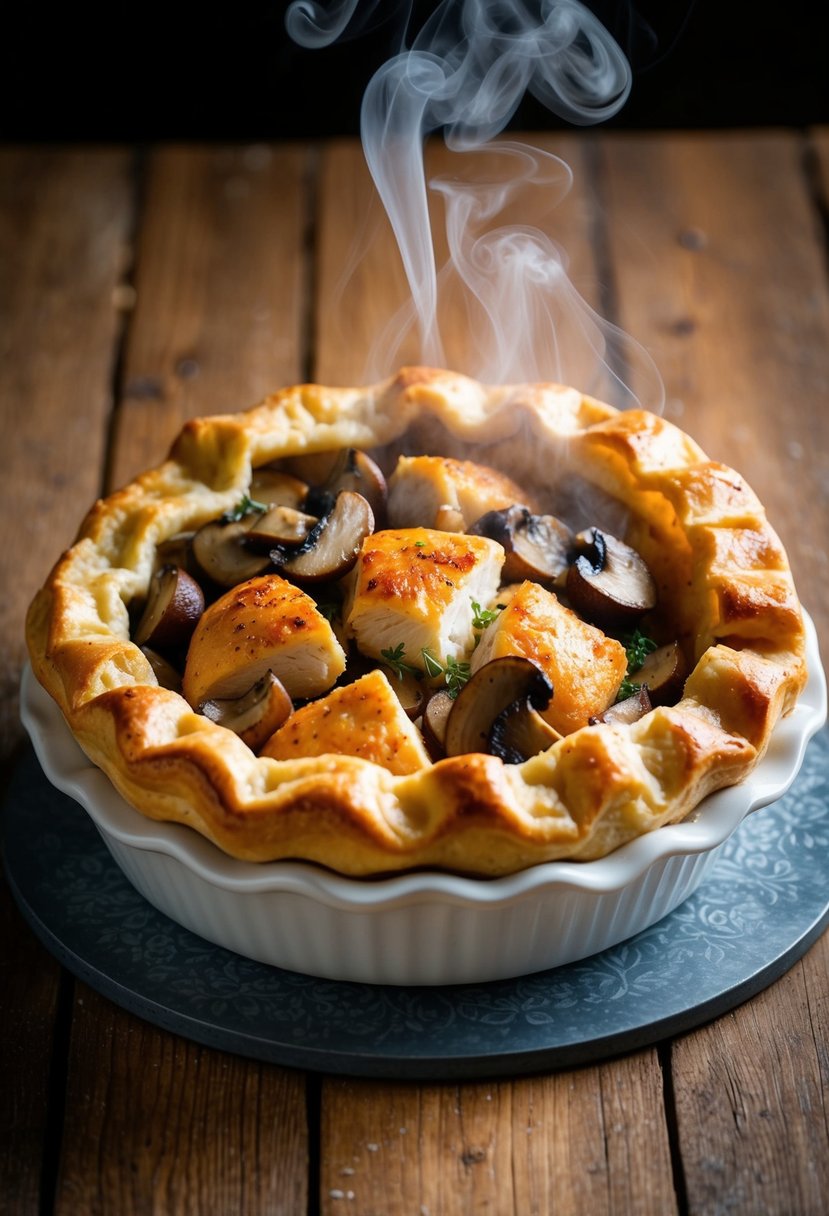 A golden-brown shortcrust pie filled with chunks of chicken and mushrooms, steam rising from the flaky crust