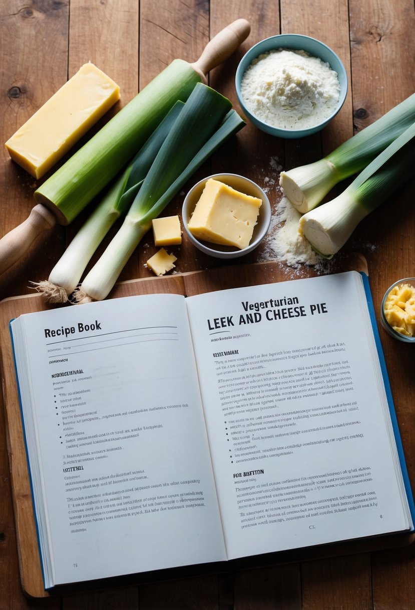 A wooden table with ingredients: leeks, cheese, flour, butter, and a rolling pin. A recipe book open to a page titled "Vegetarian Leek and Cheese Pie."