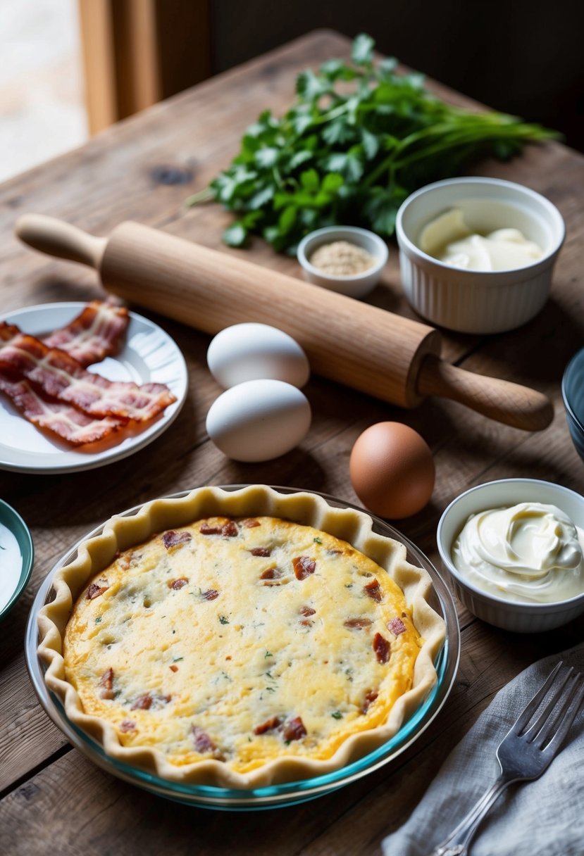 A rustic kitchen scene with a wooden table, rolling pin, eggs, bacon, cream, and a pie dish filled with raw shortcrust pastry for Quiche Lorraine