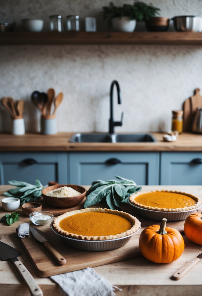 A rustic kitchen counter with ingredients and utensils for making pumpkin and sage pie