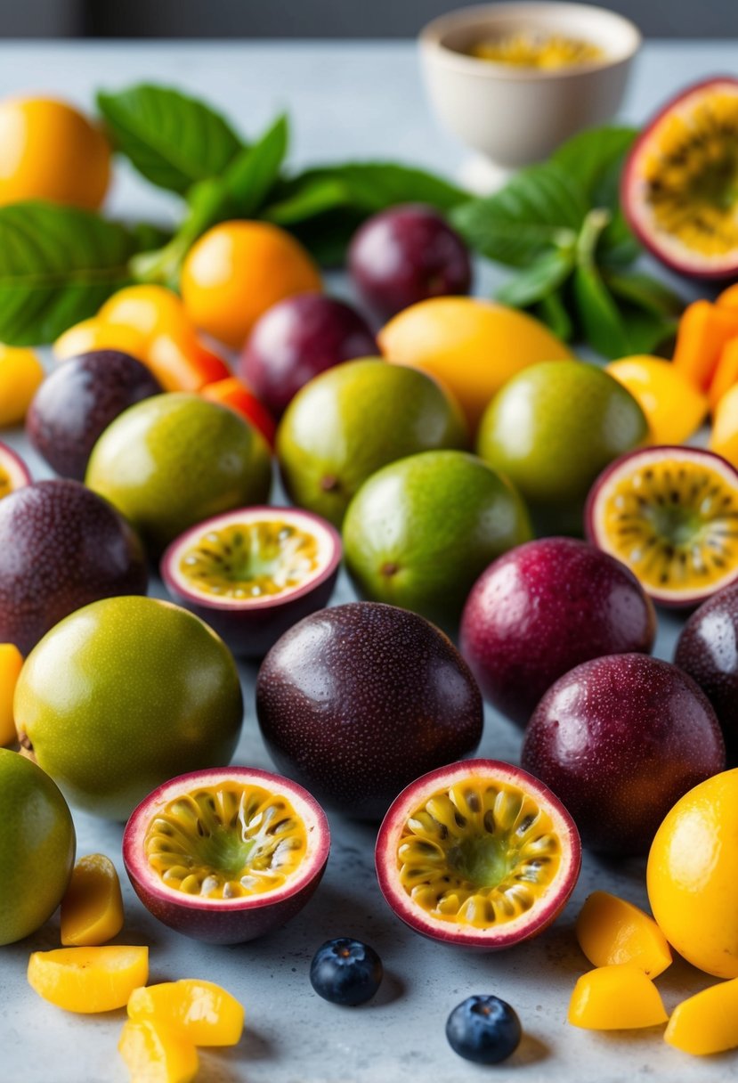 A colorful array of fresh passion fruit, alongside vibrant, nutrient-rich ingredients for creating healthy recipes