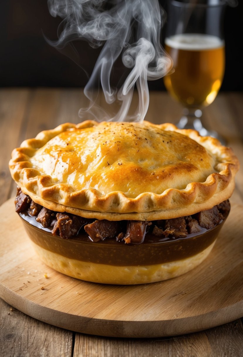 A golden-brown shortcrust pie with a hearty beef and ale filling, steam rising from the flaky crust