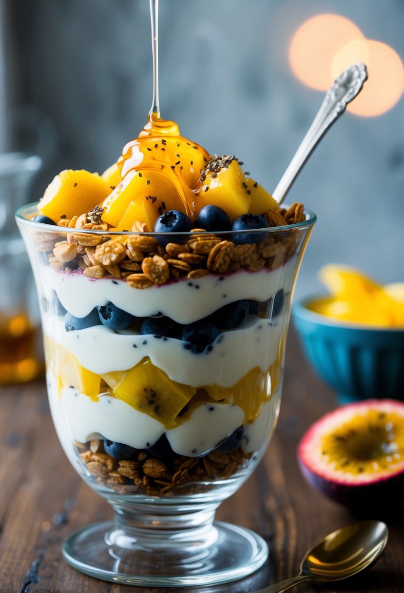 A glass parfait dish filled with layers of passion fruit yogurt, granola, and fresh fruit, topped with a drizzle of honey and a sprinkle of chia seeds