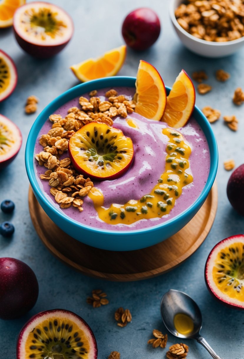 A vibrant passion fruit smoothie bowl surrounded by fresh fruit slices and granola, with a drizzle of honey on top