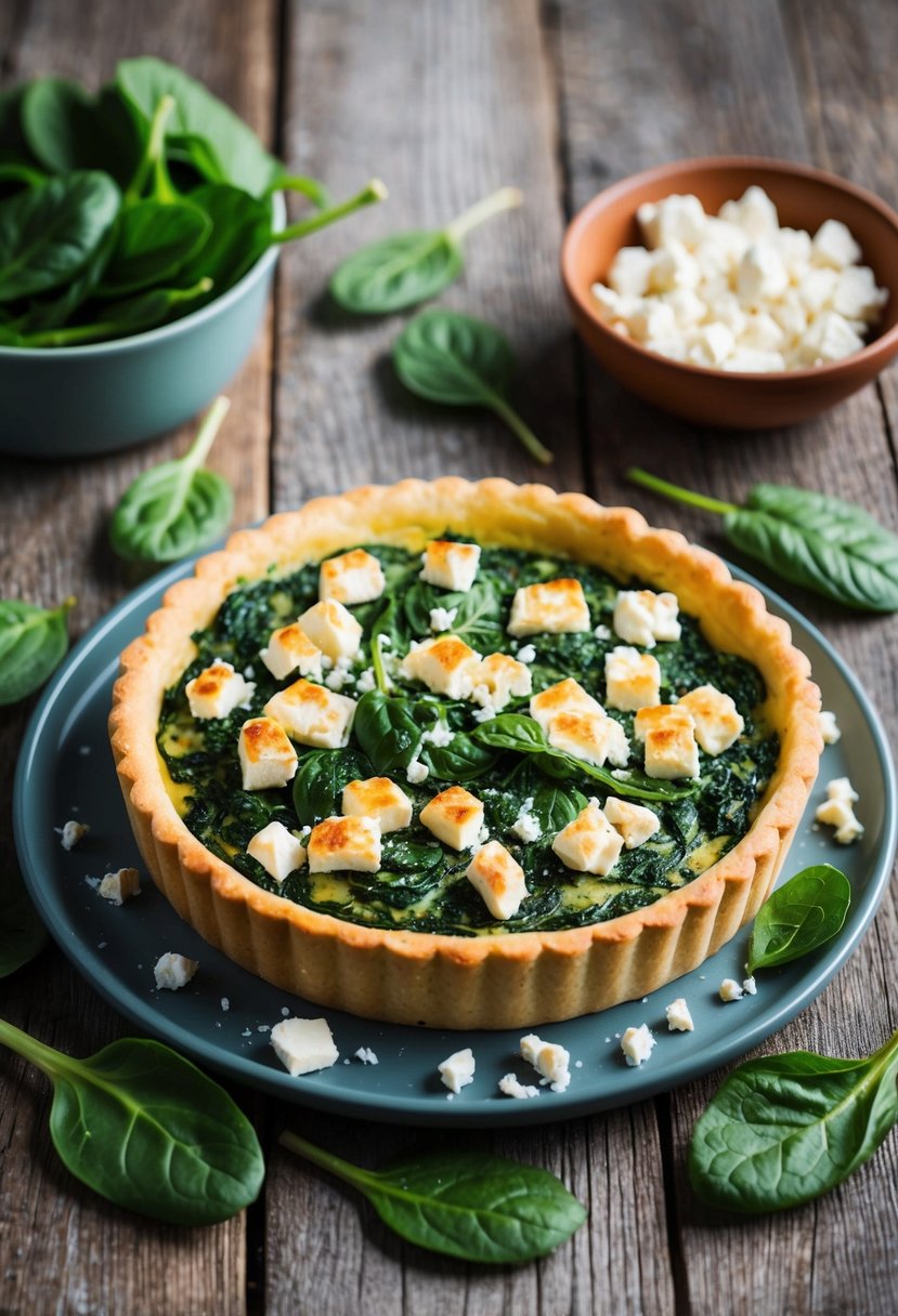 A golden-brown spinach and feta tart sits on a rustic wooden table, surrounded by fresh spinach leaves and crumbled feta cheese