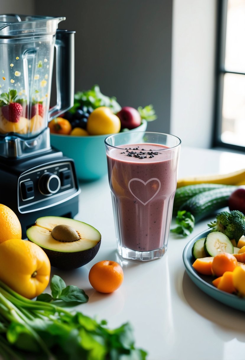 A table with assorted fruits, vegetables, and a blender. A glass of smoothie with a heart symbol on the side