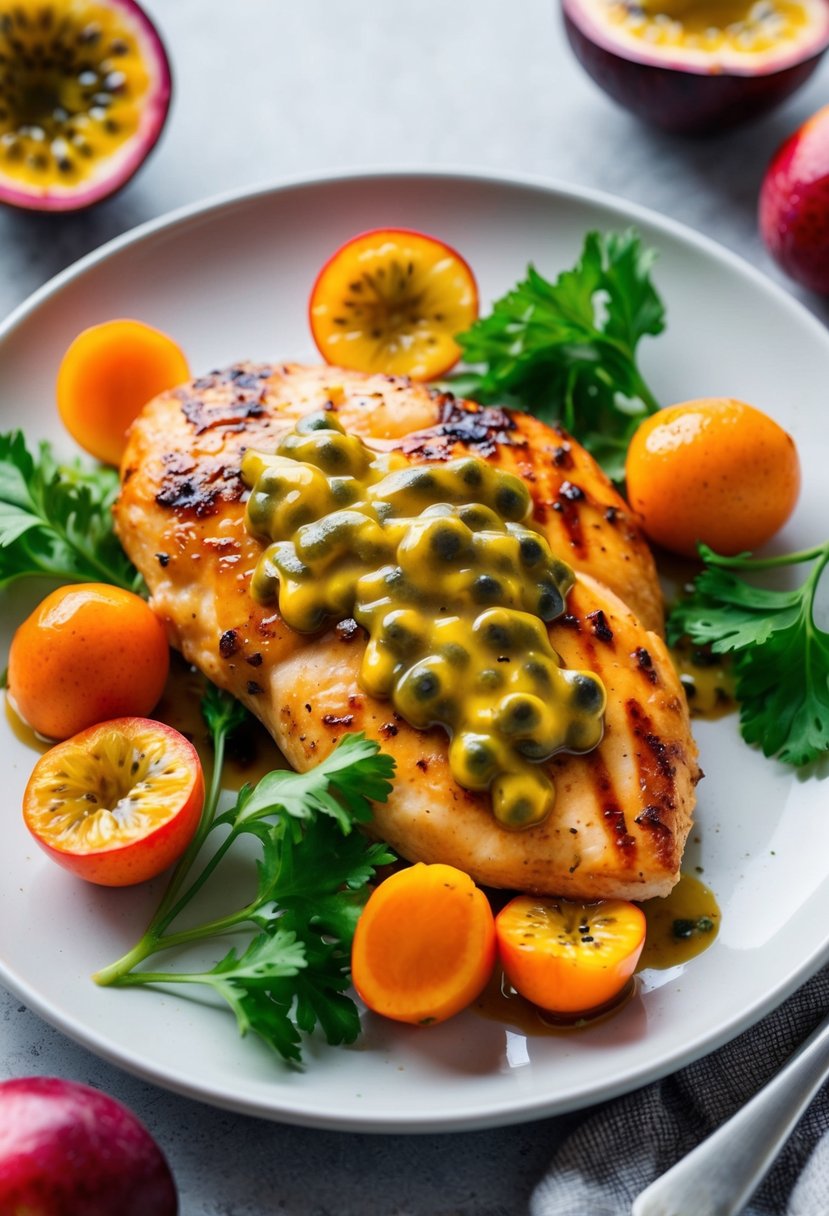 A sizzling grilled chicken breast coated in a glossy passion fruit glaze, surrounded by vibrant, fresh fruits and vegetables on a clean, modern plate