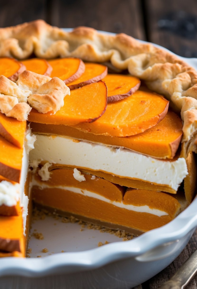 A rustic pie dish filled with layers of sliced sweet potato and creamy goat cheese, topped with a golden-brown shortcrust pastry