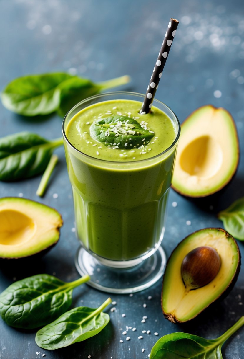 A glass filled with a vibrant green spinach avocado smoothie surrounded by fresh spinach leaves and sliced avocado