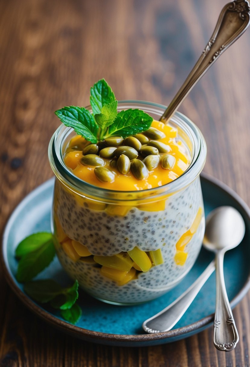 A glass jar filled with passion fruit chia seed pudding, topped with fresh passion fruit seeds and a sprig of mint, sitting on a wooden table