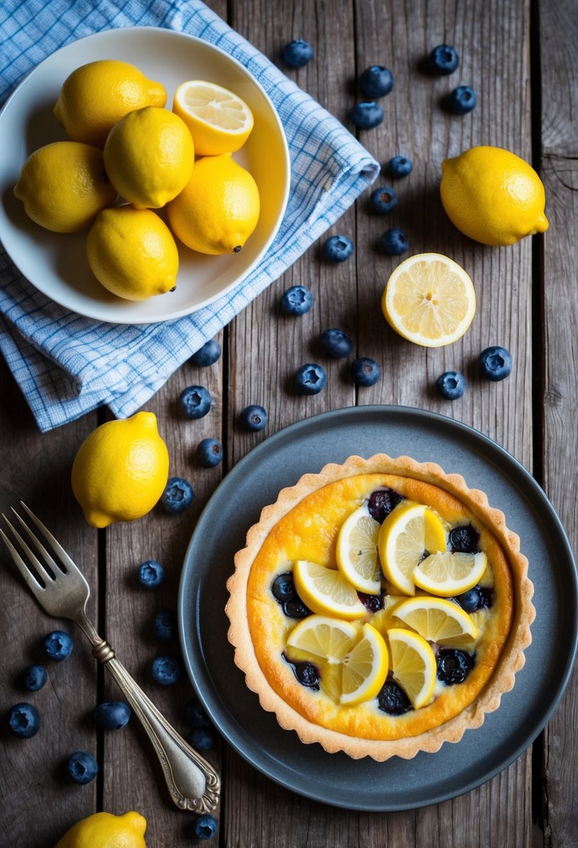 A rustic wooden table with scattered blueberries and lemons next to a freshly baked golden tart