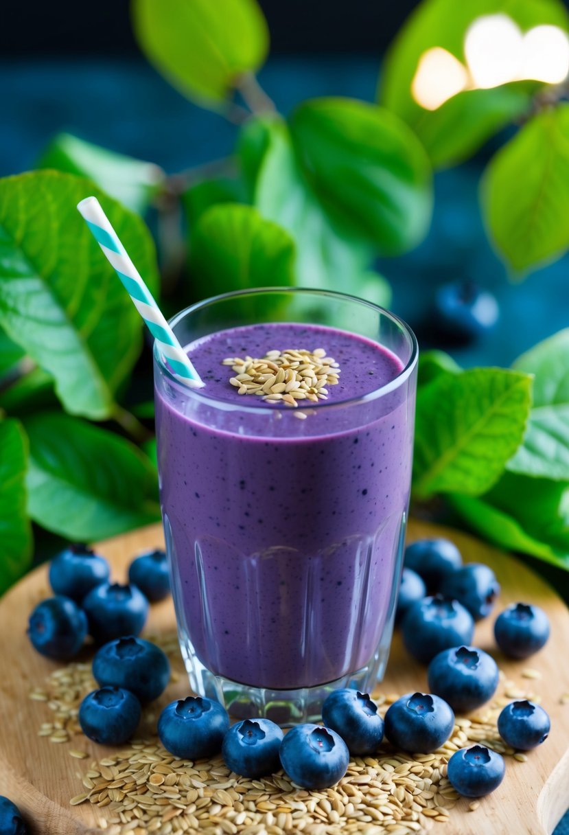 A glass filled with a vibrant blueberry flaxseed smoothie surrounded by fresh blueberries and flaxseeds, with a background of green leaves and a heart-healthy symbol