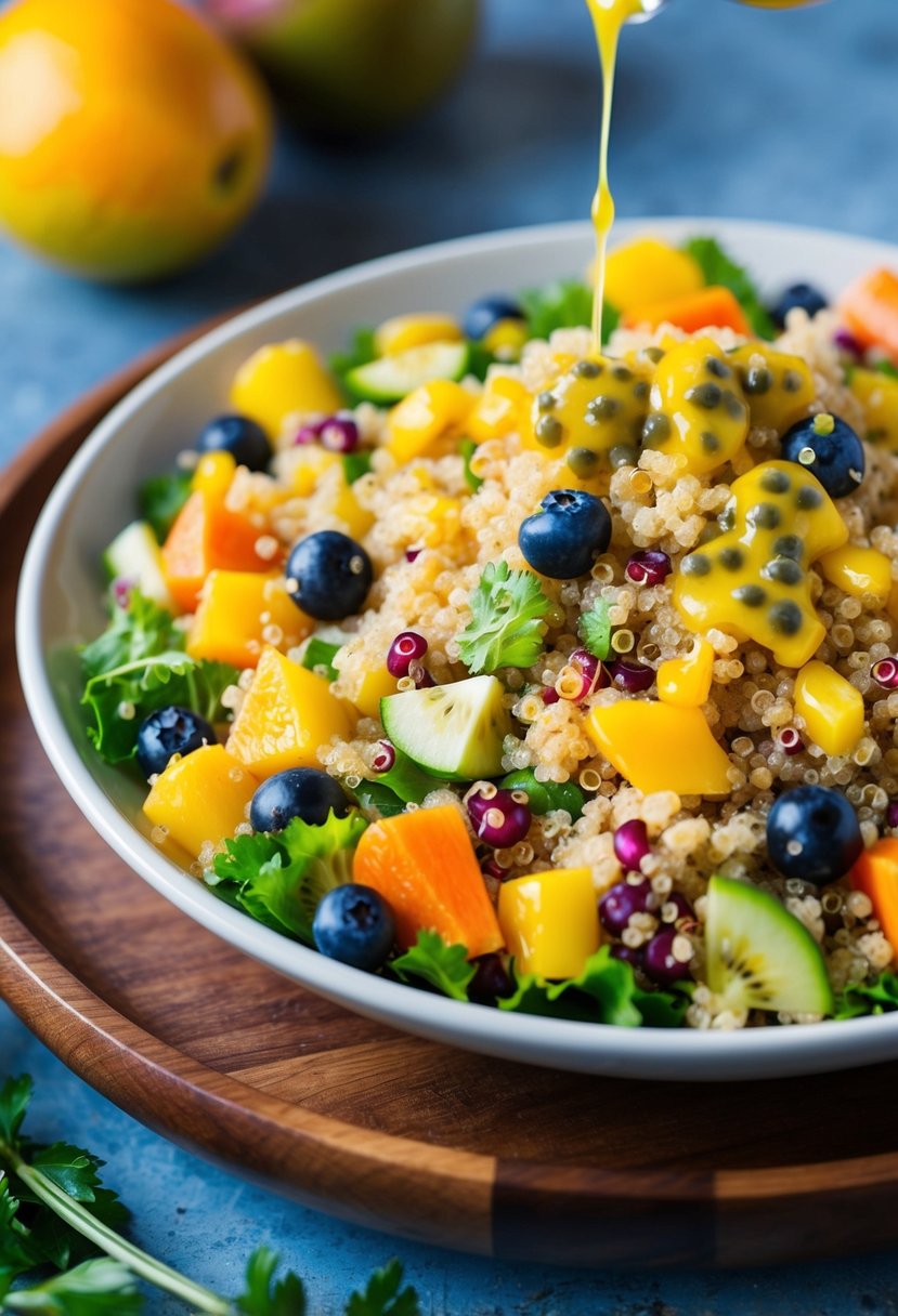 A vibrant quinoa salad with colorful fruits and vegetables, drizzled with passion fruit vinaigrette, displayed on a wooden serving platter