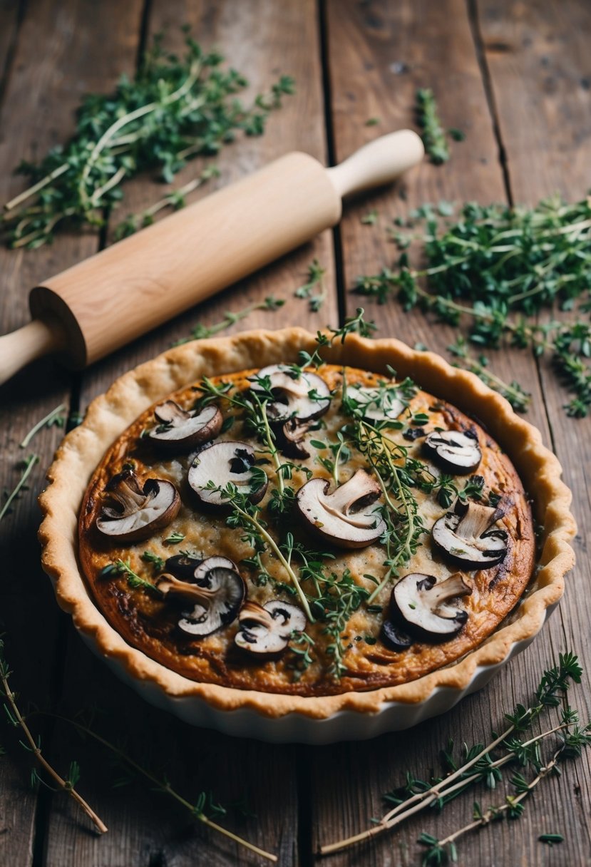 A rustic wooden table with a freshly baked wild mushroom and thyme pie, surrounded by scattered thyme sprigs and a rolling pin