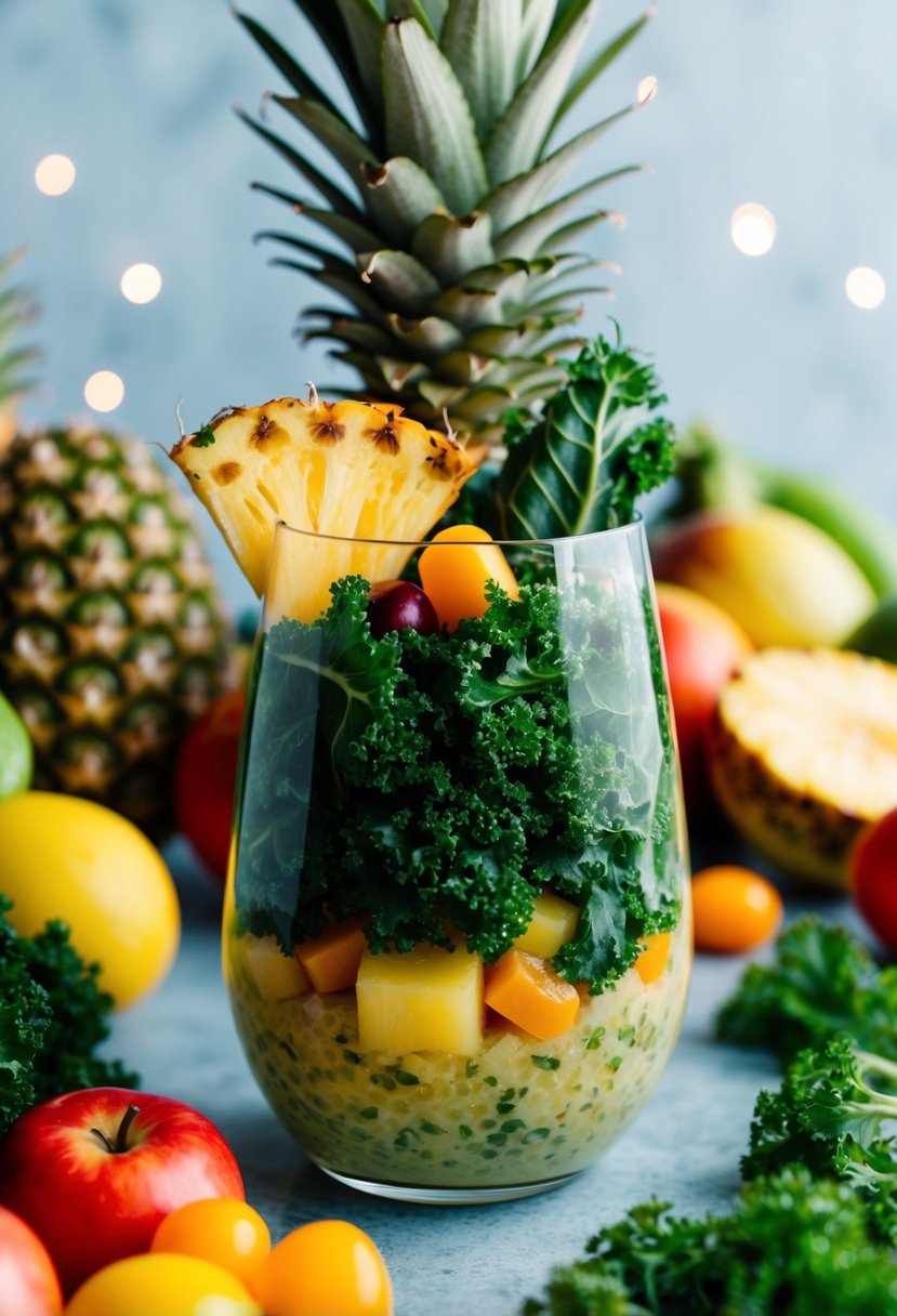 A glass filled with kale, pineapple, and other healthy ingredients, surrounded by fresh fruits and vegetables