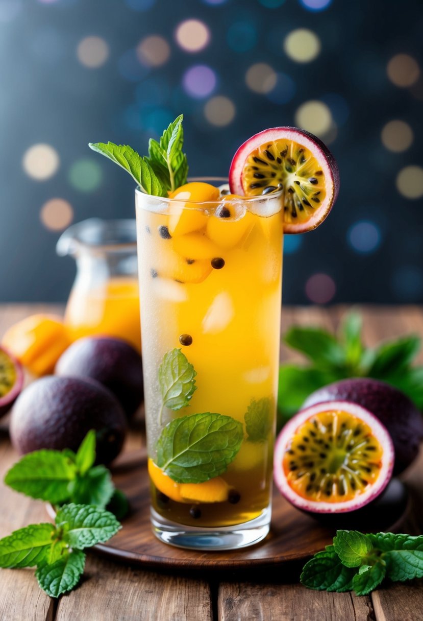 A tall glass of iced tea with passion fruit garnish on a wooden table, surrounded by fresh passion fruit and mint leaves