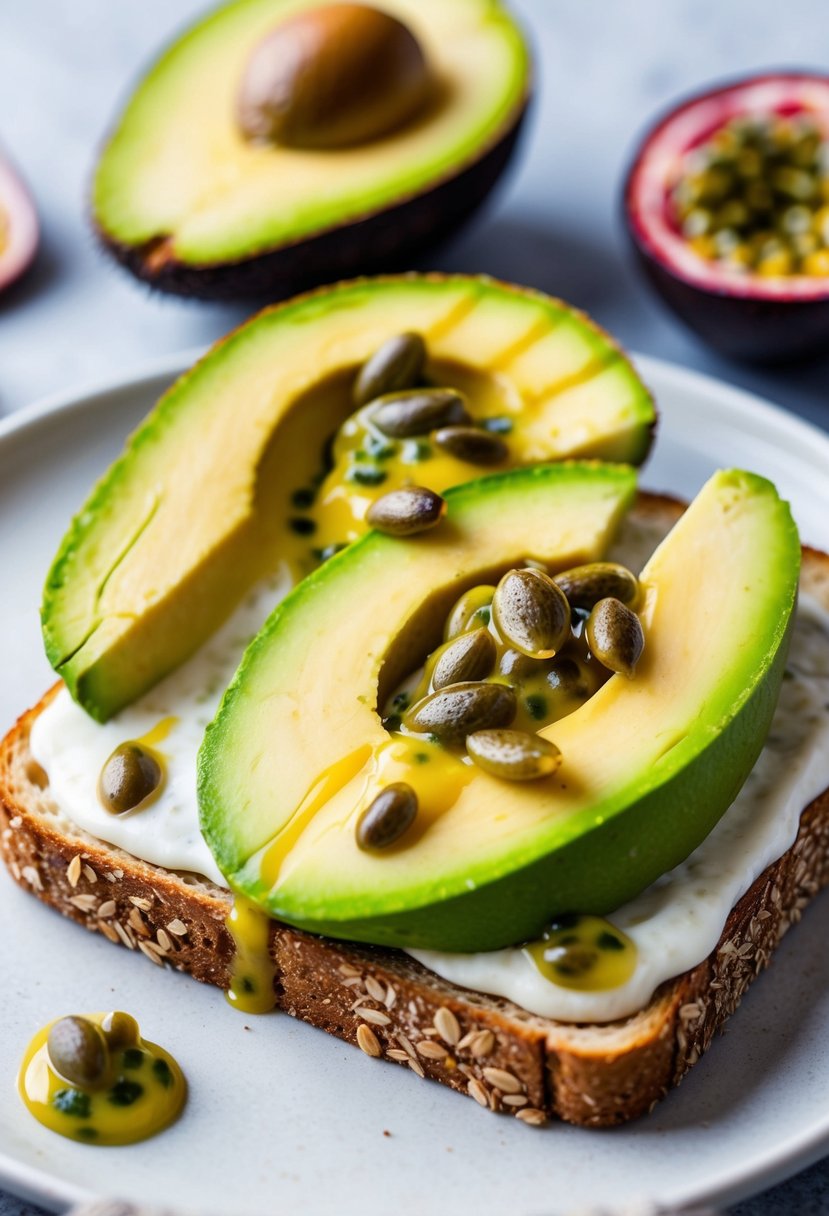 A ripe avocado sliced on whole grain toast, drizzled with passion fruit puree and topped with fresh passion fruit seeds