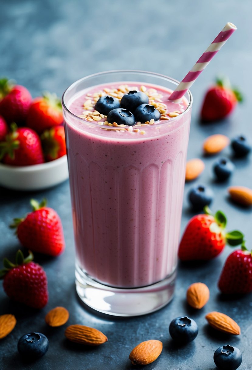 A glass filled with a creamy pink smoothie surrounded by fresh berries and almonds