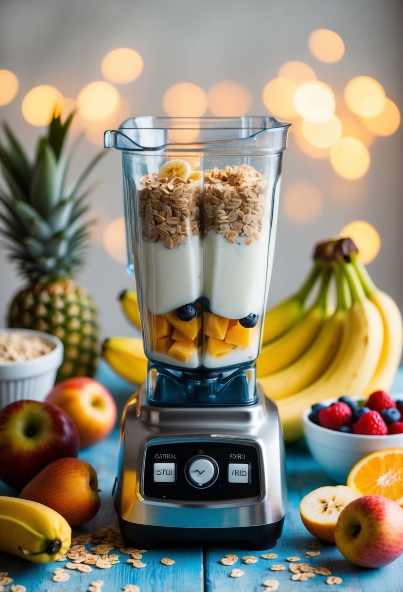 A blender filled with oatmeal, bananas, and yogurt surrounded by fresh fruits and a heart-healthy symbol