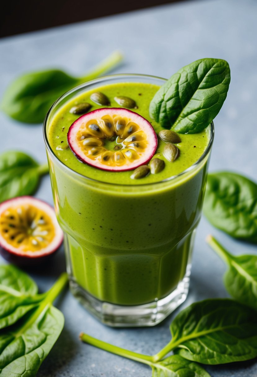 A glass filled with a vibrant green smoothie topped with passion fruit seeds and surrounded by fresh spinach leaves