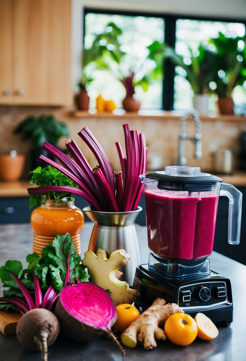 A vibrant array of beetroots, ginger, and other fresh ingredients arranged on a kitchen counter, with a blender ready to create a healthy smoothie