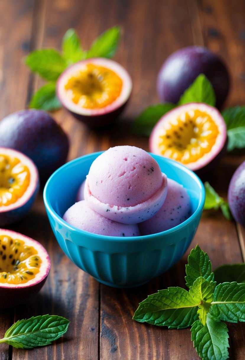 A bowl of passion fruit sorbet surrounded by fresh passion fruit and mint leaves on a wooden table