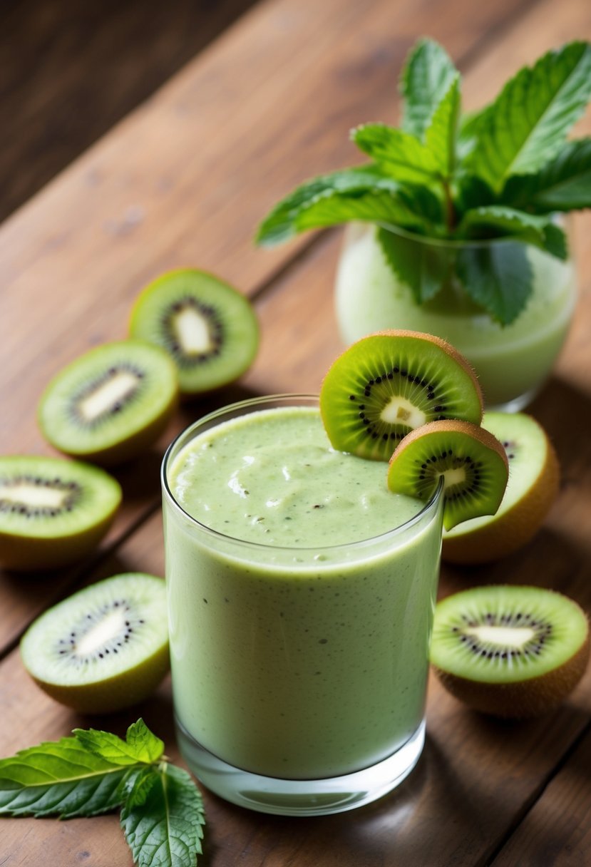 A glass of kiwi mint smoothie surrounded by fresh kiwi slices and mint leaves on a wooden table