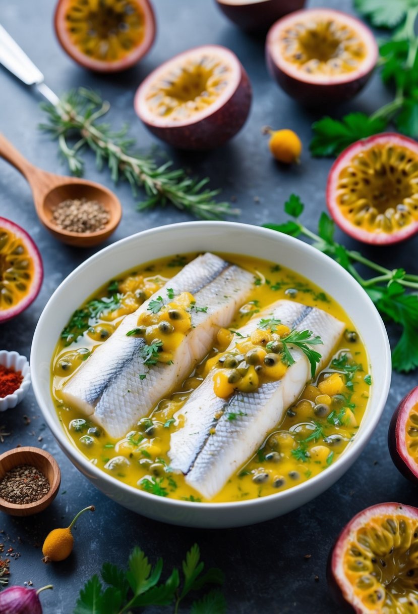 A bowl of fish fillets marinating in a vibrant passion fruit marinade, surrounded by fresh passion fruits, herbs, and colorful spices