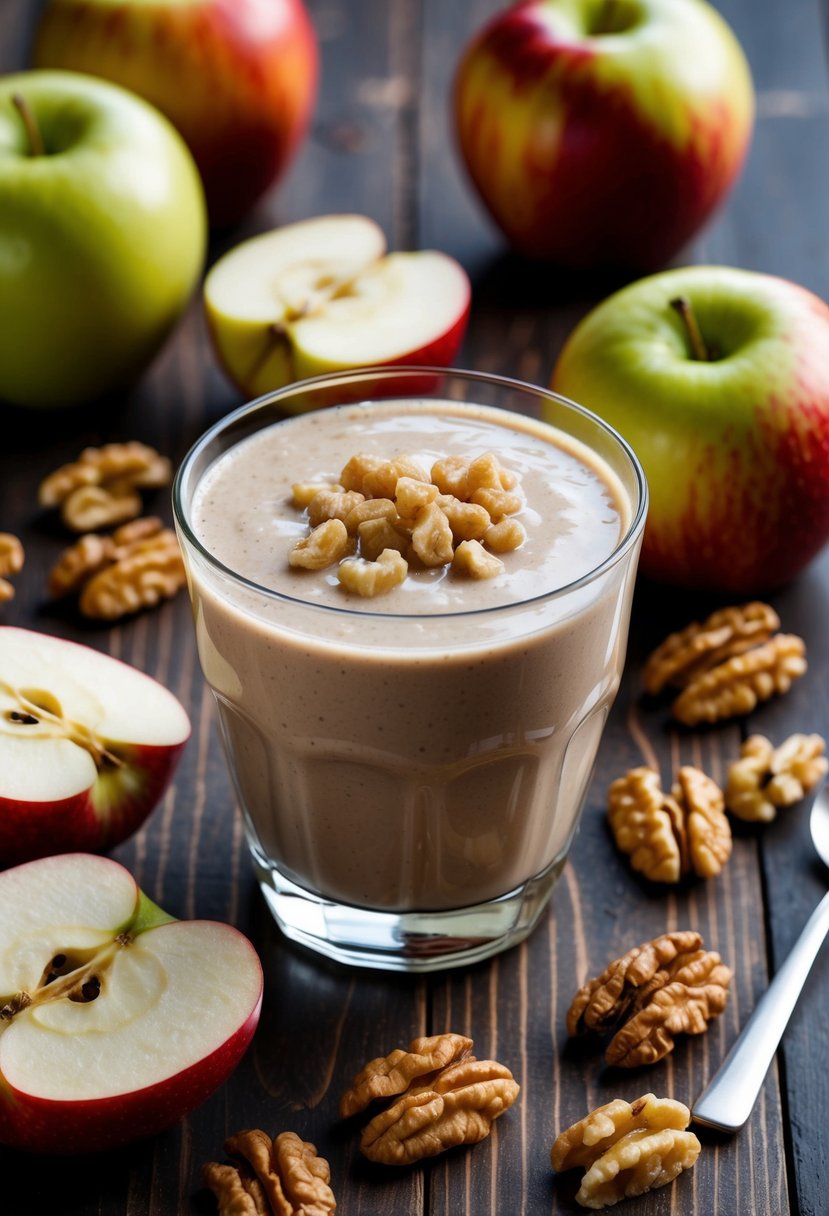 A glass filled with a creamy apple walnut smoothie surrounded by fresh apples and walnuts on a wooden table