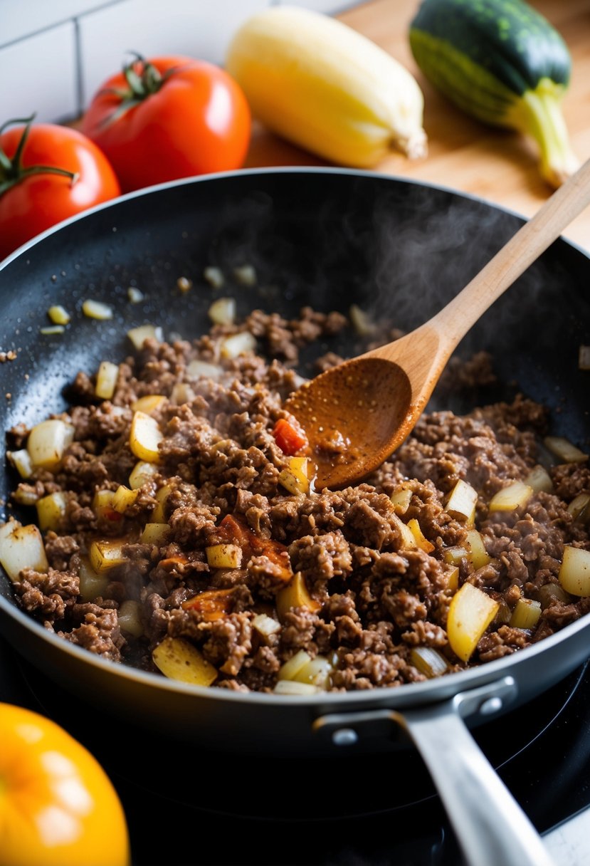 Ground beef, onions, and spices sizzling in a skillet. A wooden spoon stirs the mixture as it cooks. Tomatoes and squash sit nearby on the counter