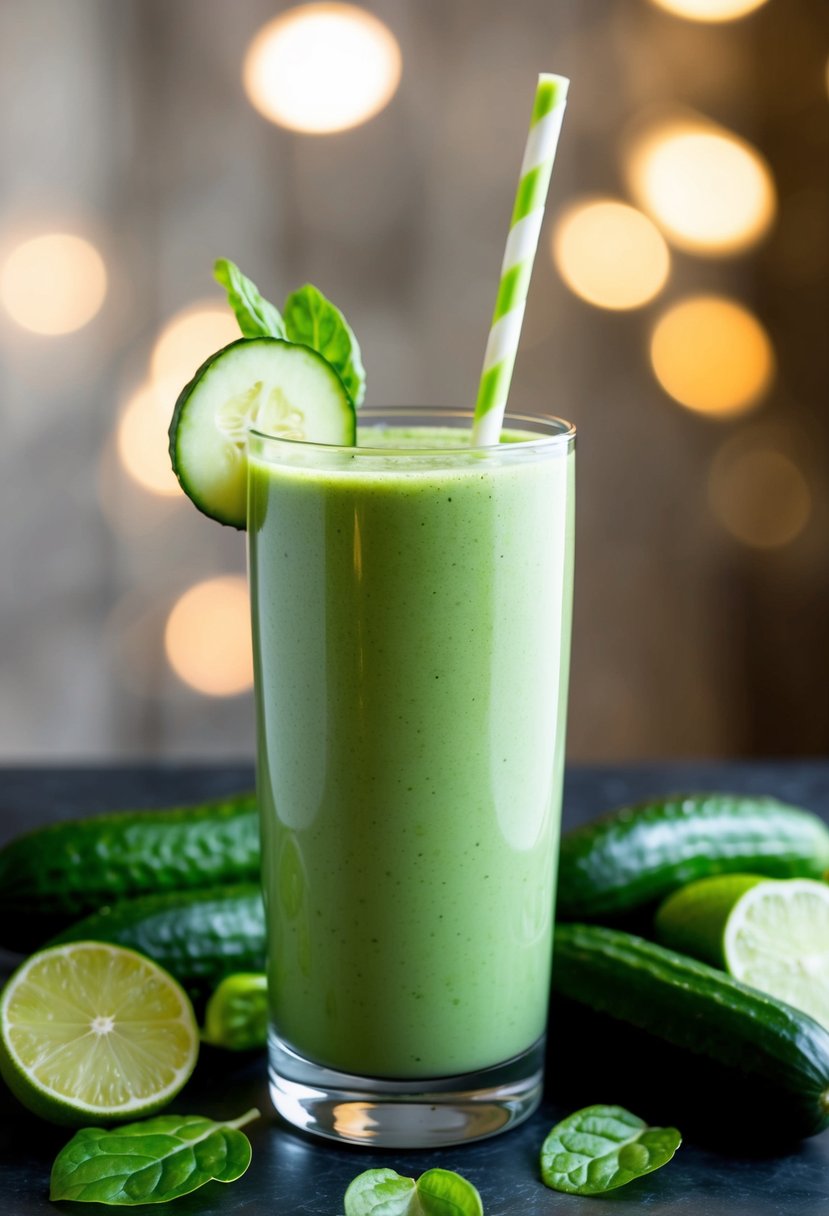 A tall glass filled with a refreshing green smoothie surrounded by fresh cucumbers and limes