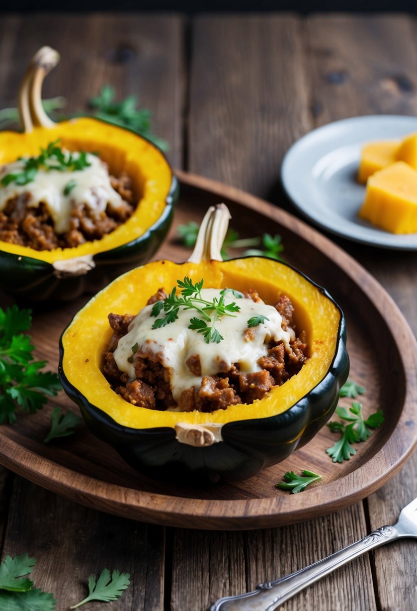 A halved acorn squash filled with seasoned ground beef, topped with melted cheese, and garnished with fresh herbs on a rustic wooden serving platter