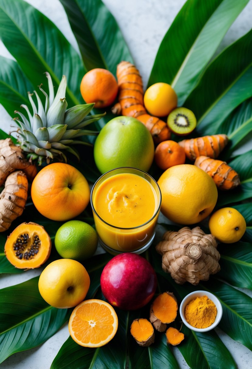 A colorful array of tropical fruits and turmeric root, surrounded by fresh green leaves and a glass filled with a vibrant yellow smoothie