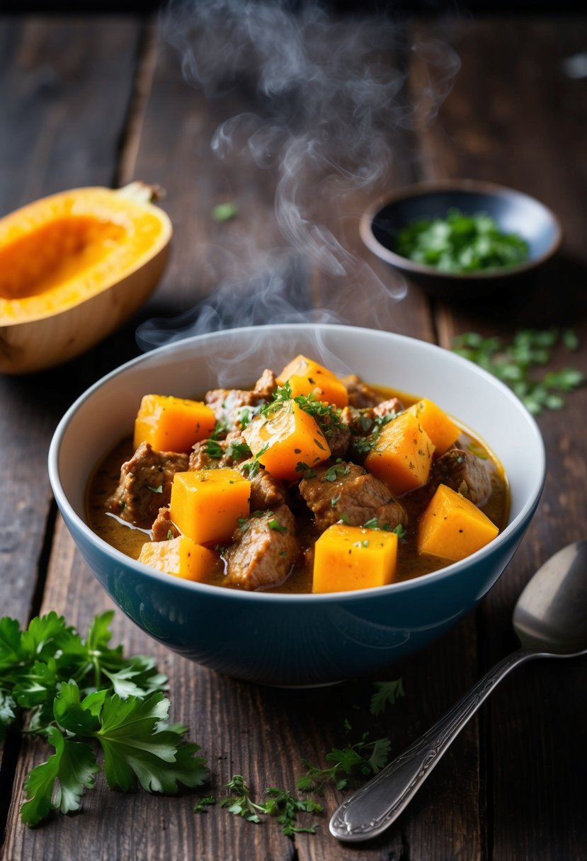 A steaming bowl filled with curry-spiced butternut squash and beef, topped with a sprinkle of fresh herbs, sits on a rustic wooden table