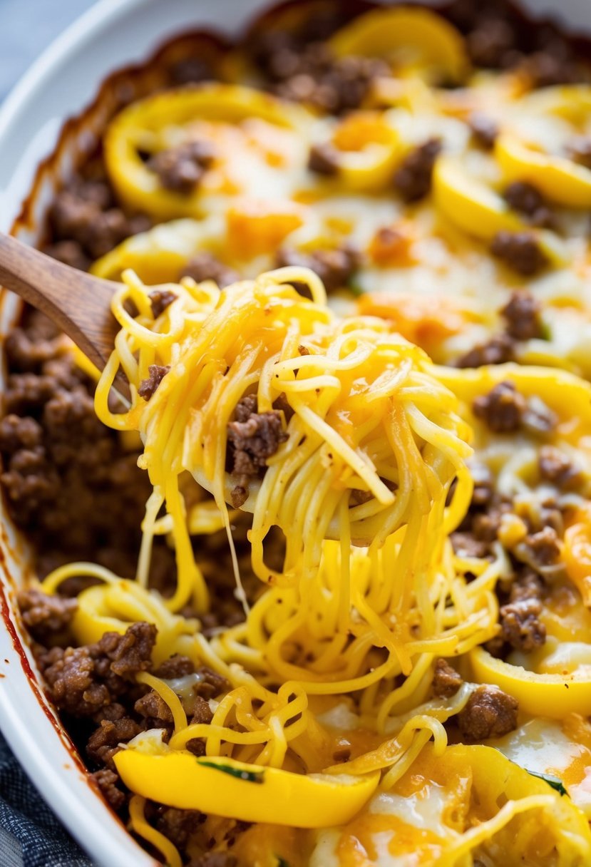 A bubbling casserole dish filled with cheesy spaghetti squash and beef, golden strands of squash intertwined with savory ground beef