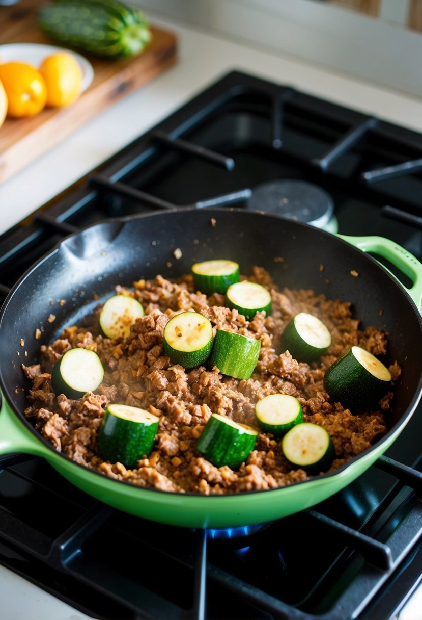 A skillet with zucchini and ground beef cooking on a stovetop