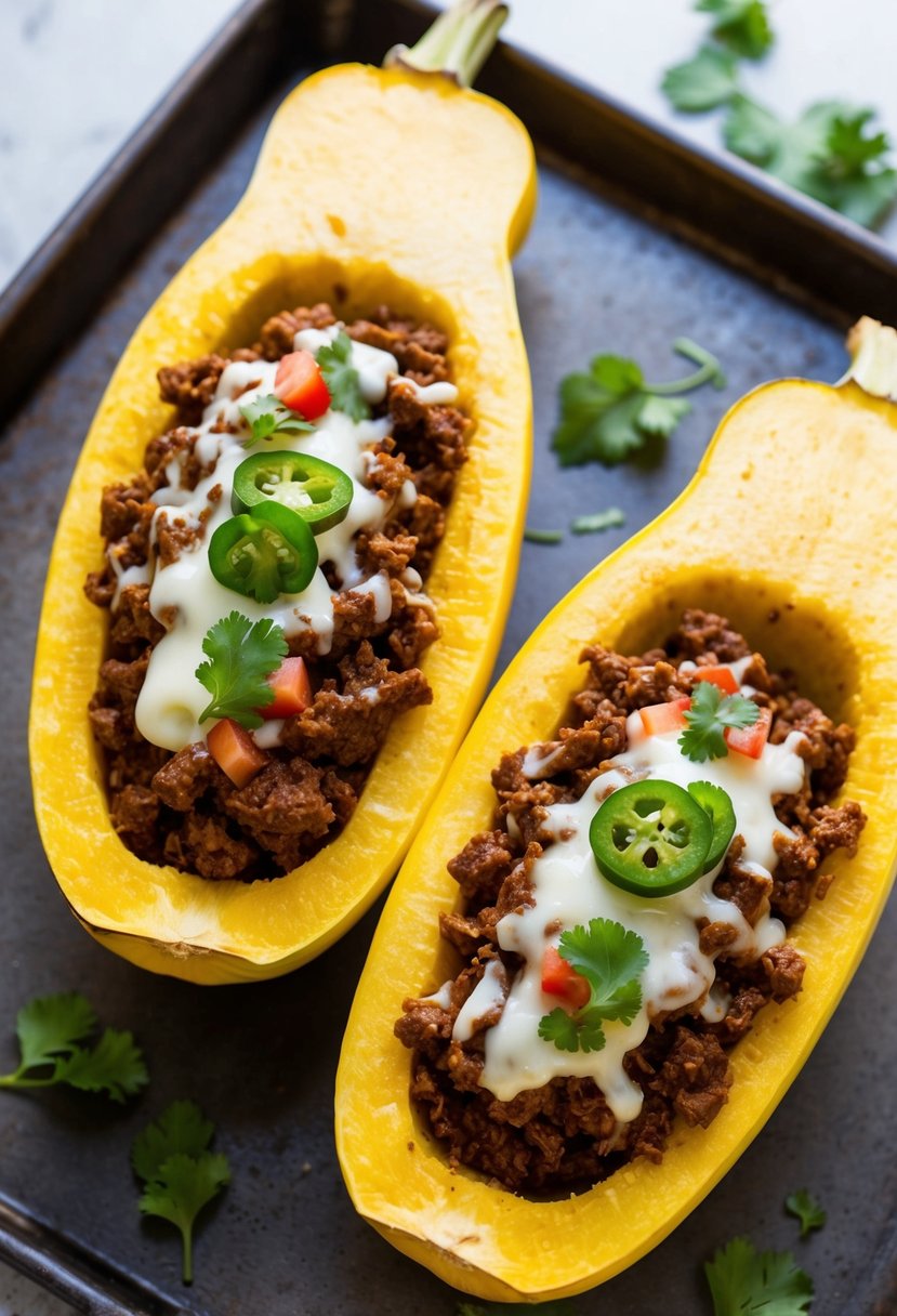 A yellow squash cut in half lengthwise, hollowed out and filled with taco-seasoned ground beef, topped with melted cheese and fresh toppings