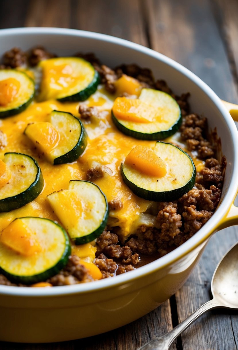 A bubbling casserole dish filled with layers of golden-brown ground beef, sliced summer squash, and melted cheese, sitting on a rustic wooden table